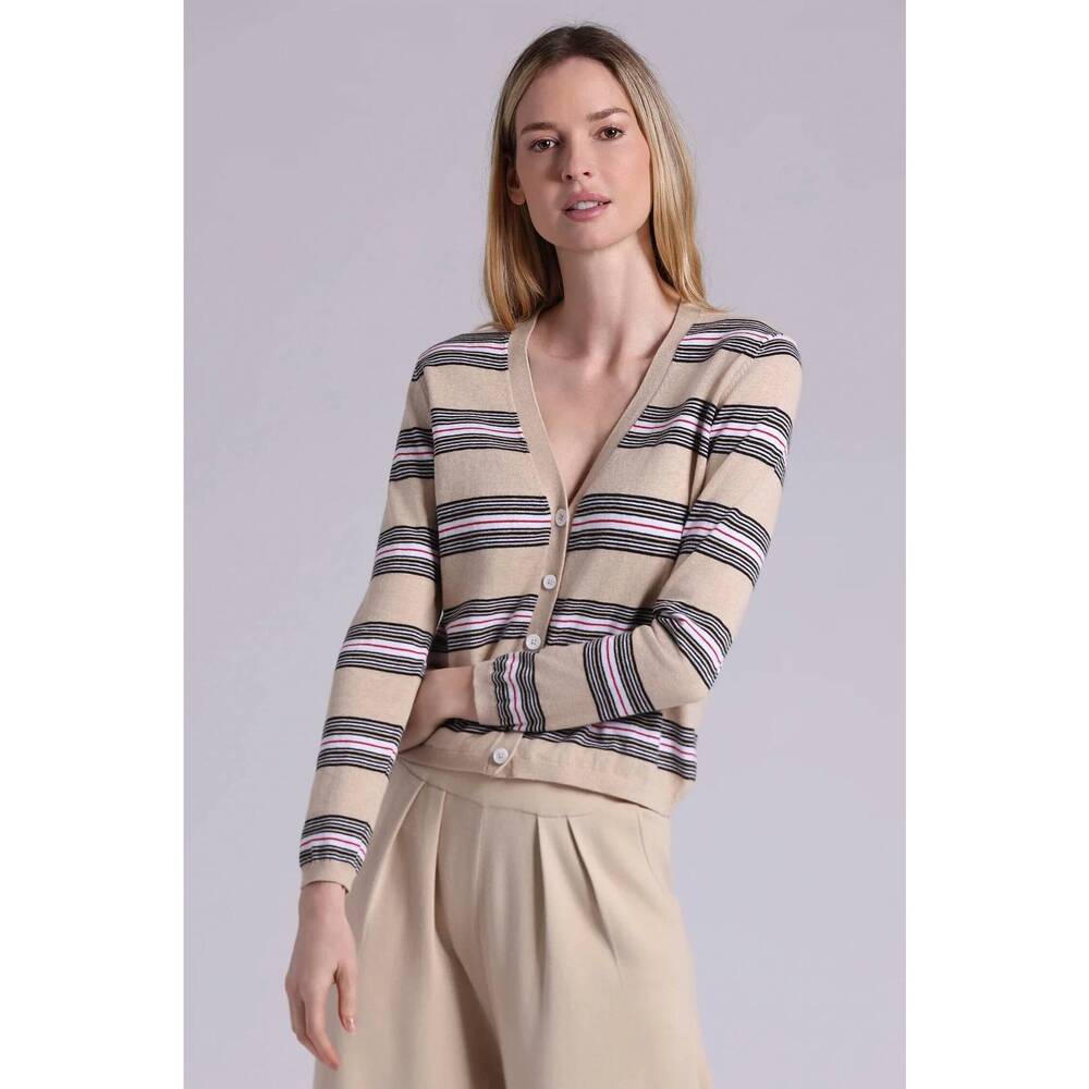 NEW MINNIE ROSE cotton cashmere striped v neck cardigan in brown sugar